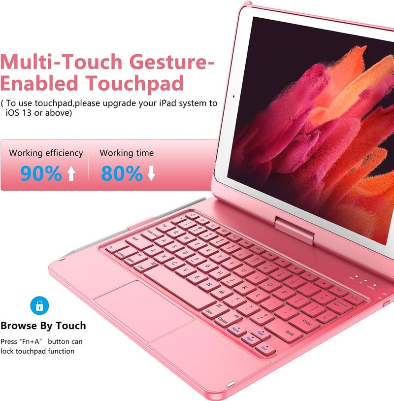 TQQ Touch for iPad 9th Generation Case with Keyboard (10.2", 2021), Multi-Touch Trackpad, 360° Rotatable Protective Cover for iPad Keyboard 9th/8th/7th Gen with Pencil Holder (Pink) - Image 2